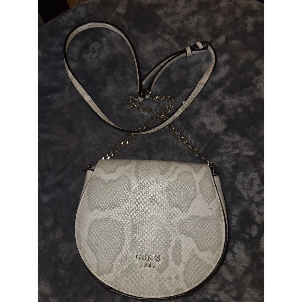 Guess White Snake Embossed Round Canteen Crossbody Bag Silver Chain Strap